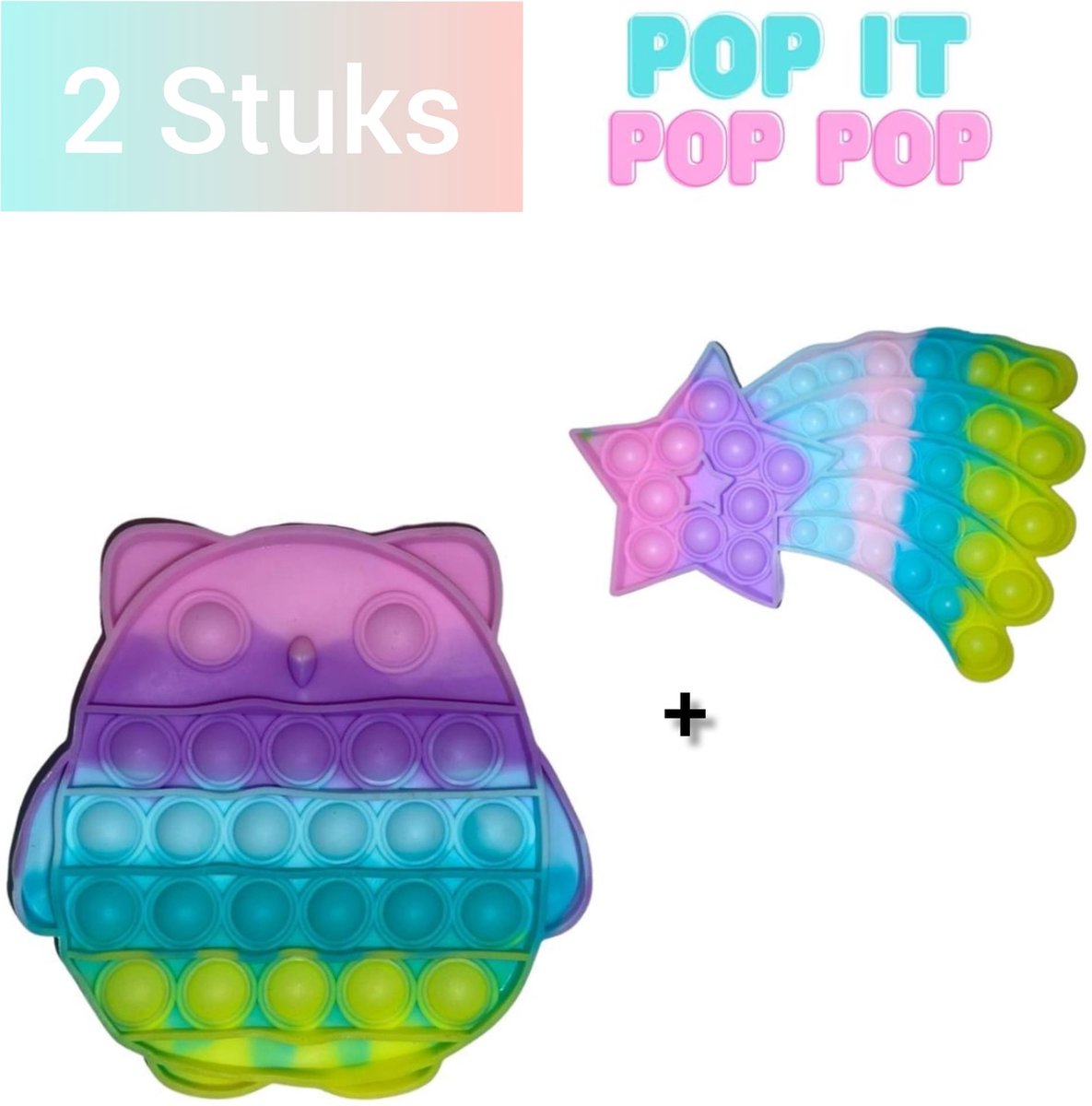 Fidget toys Set | 2 stuks Pop it Regenboog Multi Color | Uil + Vallende Ster | Anti stress 2021 | Van Tik Tok | Meisjes jongens volwassenen | Verjaardag of Kerst cadeautip